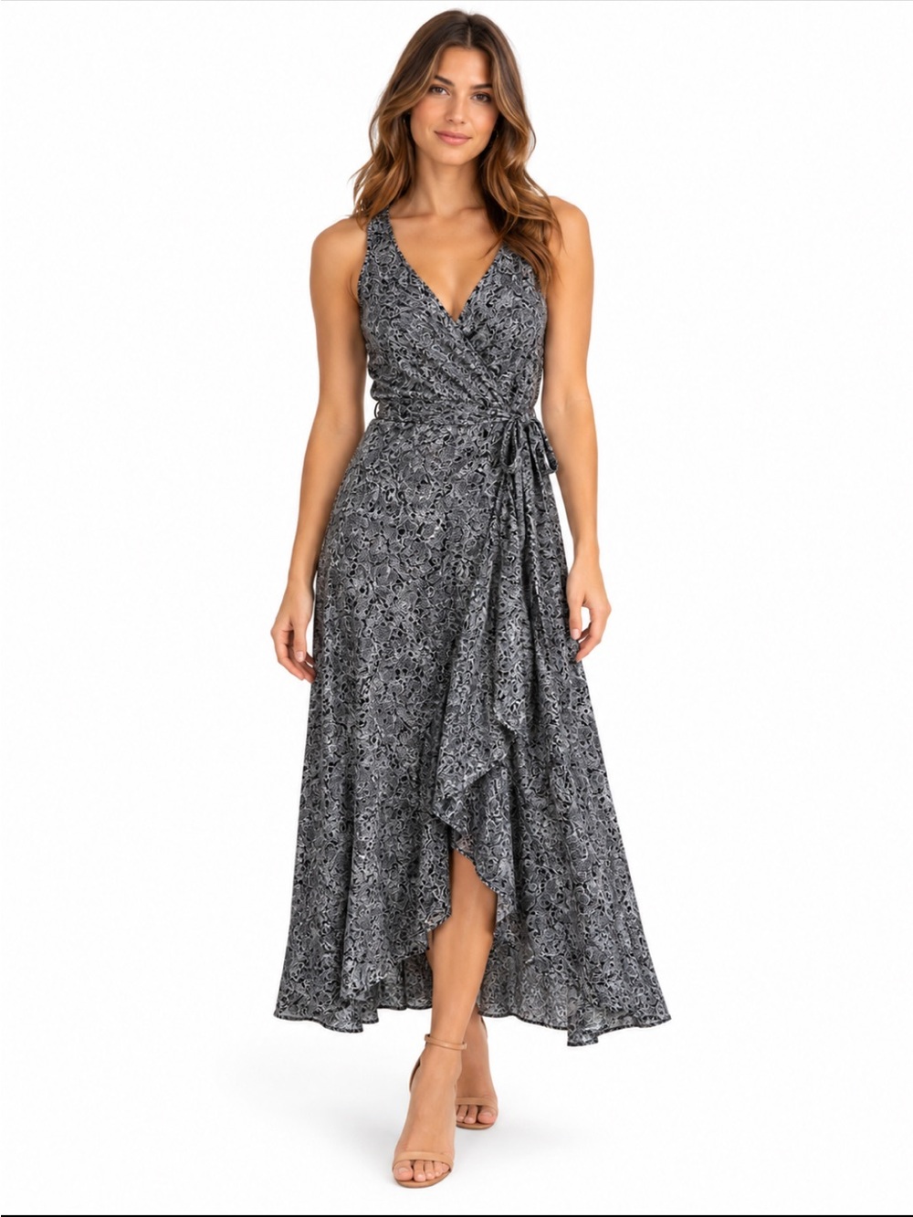 Abercrombie & Fitch Floral Wrap Midi Dress Woman Large Black White Sleeveless